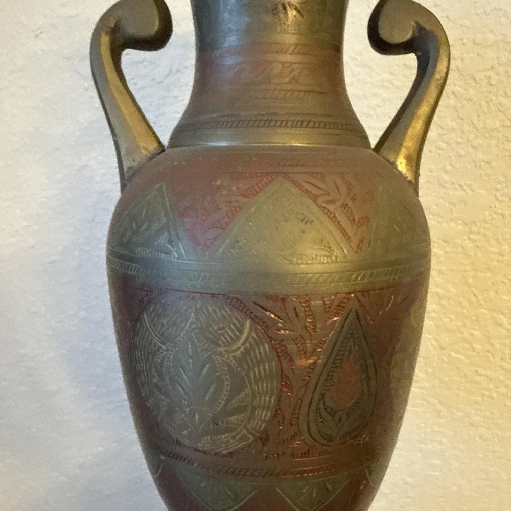 Vintage Solid Brass Vase Hand Etched Floral/Leaf Design 15.5
